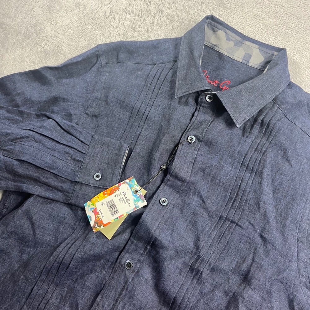 Robert Graham Mens Navy Blue Pintuck Pleated Linen Blend Shirt RG1050 NWT Size M